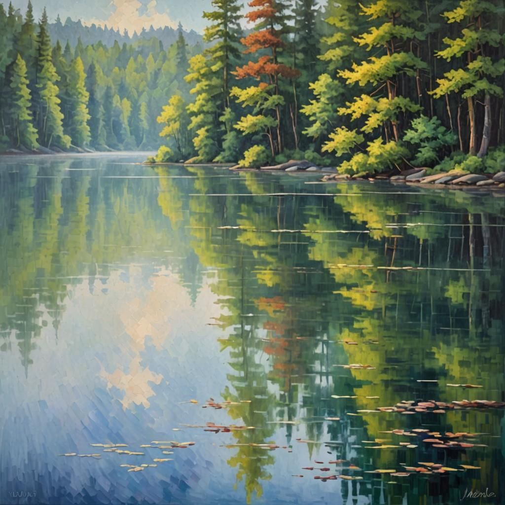 Neo-Impressionist Lake Reflecting Forest in Mist