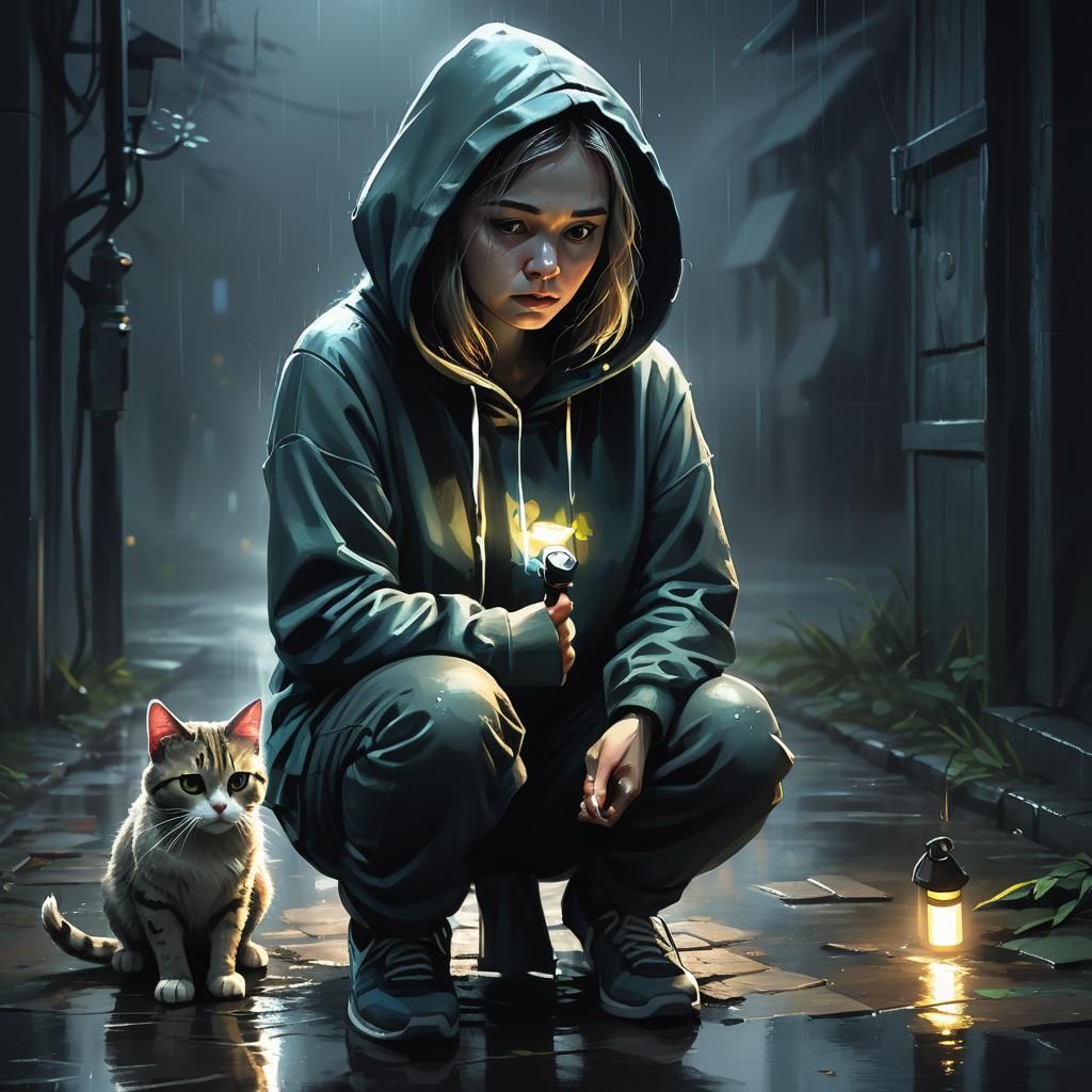 Dreamlike Digital Painting: Woman, Cat, and Rainy Night
