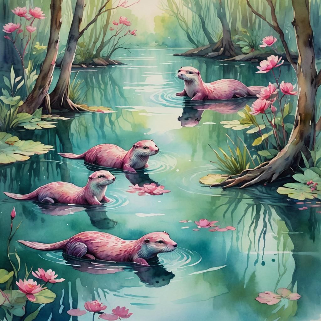 Pink Otters Swim in Serene Lake: Watercolor Painting