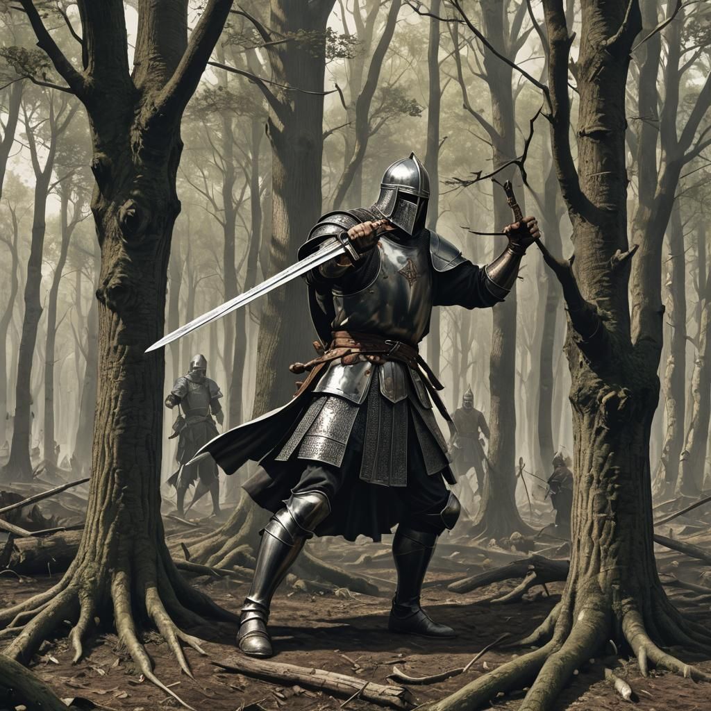 Medieval Warrior and Giant Beast Fight in Dark Forest