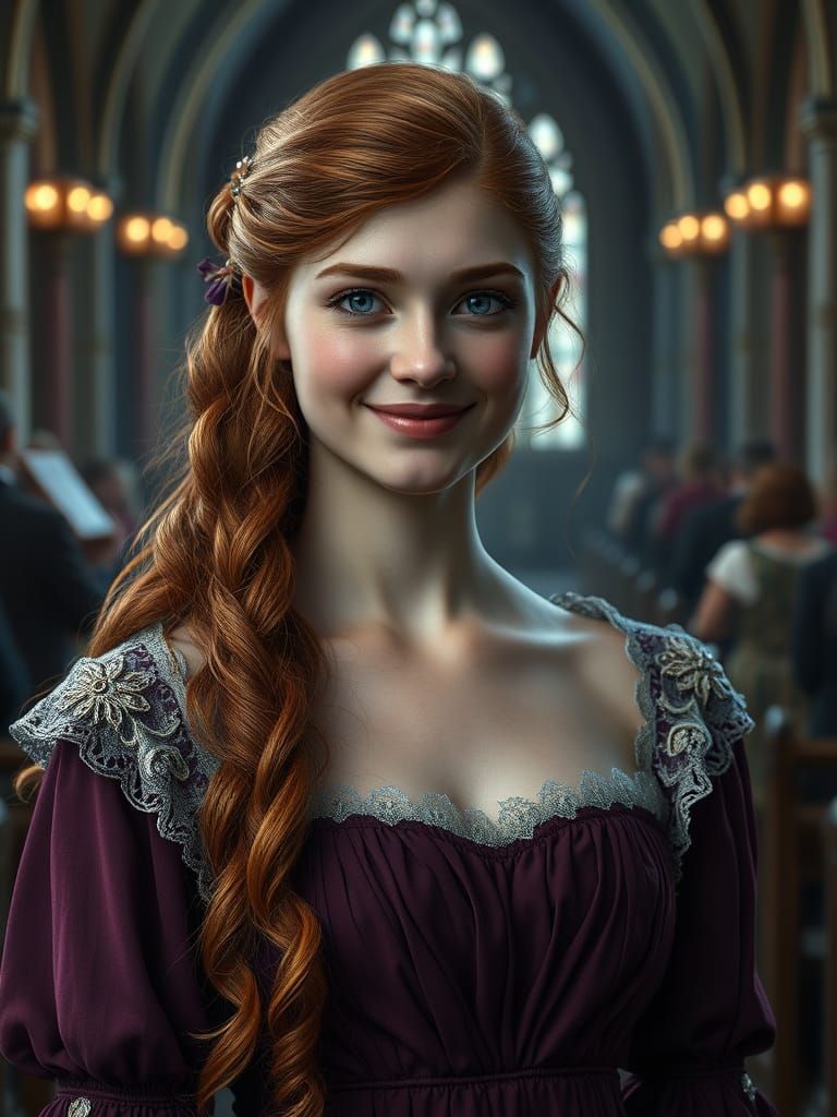 Elegant 19th Century Bride in Plush Plum Bridesmaid Dress