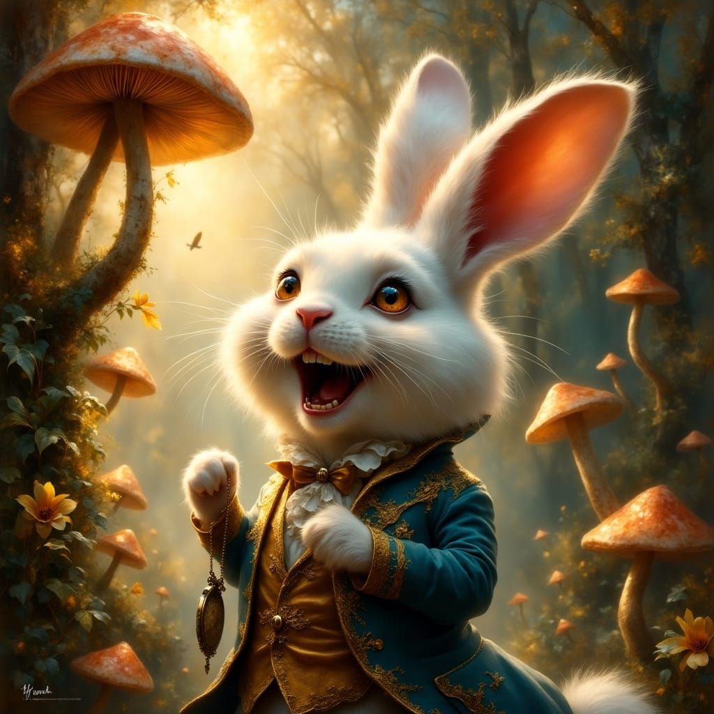Joyful White Rabbit in Wonderland, Digital Illustration