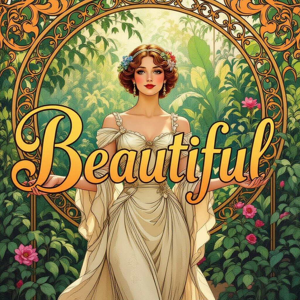 Beautiful Woman Holds Golden Letters in Lush Garden, Art Nou...