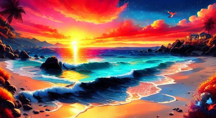 Hyperrealistic Beach Sunset in Vivid Blues and Oranges