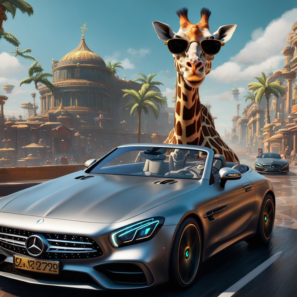 Hip Hop Giraffe Driving a Mercedes: Fantasy Art