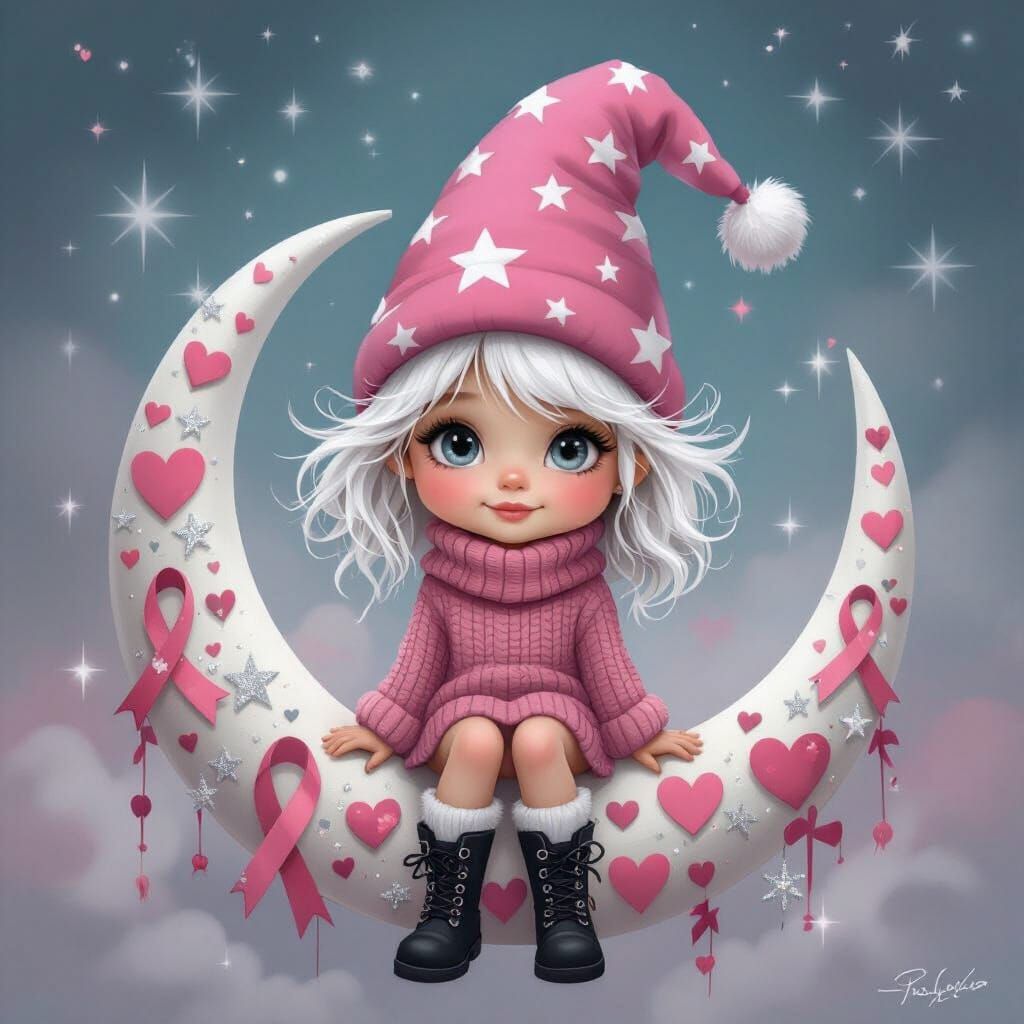 Pink Heart Moon Girl in Whimsical Caricature Style