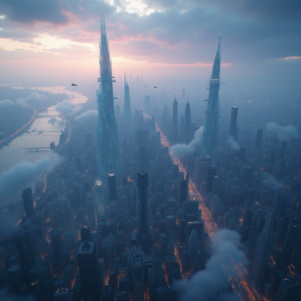 Futuristic New York City Aerial View: Crystal Structures