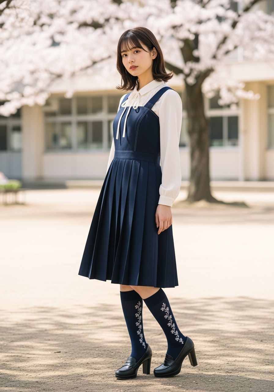 Schoolgirl in Stylish Navy Jumper Dress and Bolero
