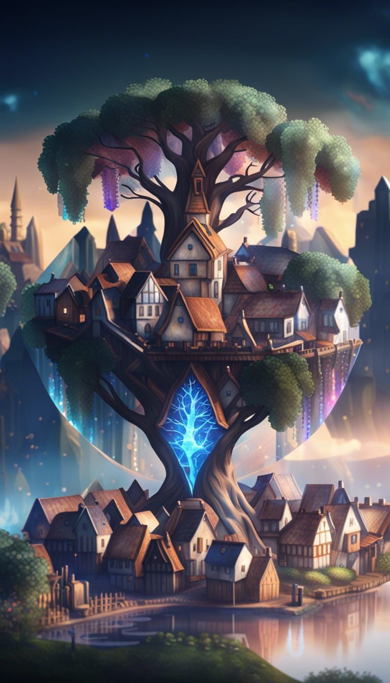 Enchanted Crystal City with Medieval Tree of Life