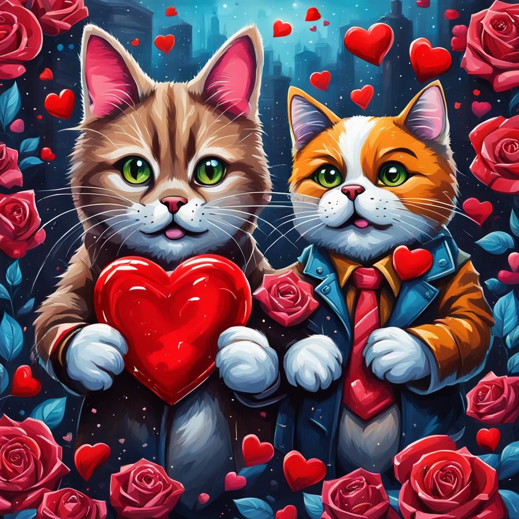 Cat and Dog Celebrate Valentine's Day as Graffiti Art