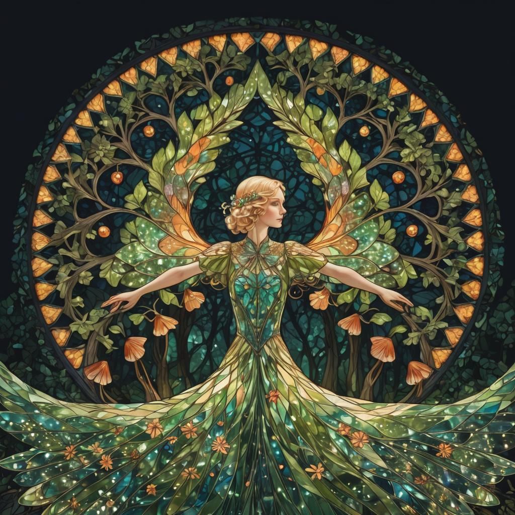 Art Deco Fairy in Enchanted Forest with Sierpinski Tree