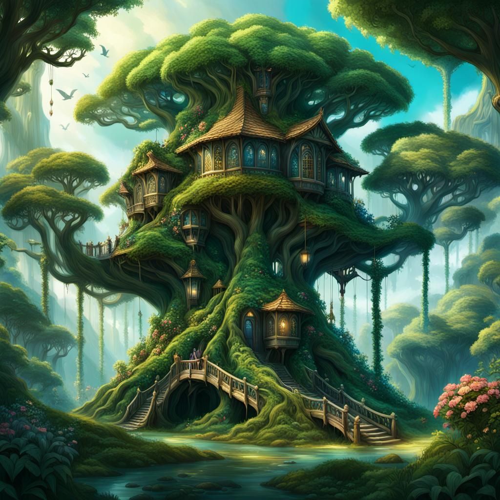 Enormous Forest Elf Treehouse in Anime Style
