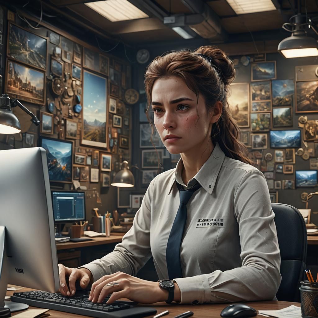 Dedicated Worker at Desk: Detailed Fantasy Concept Art