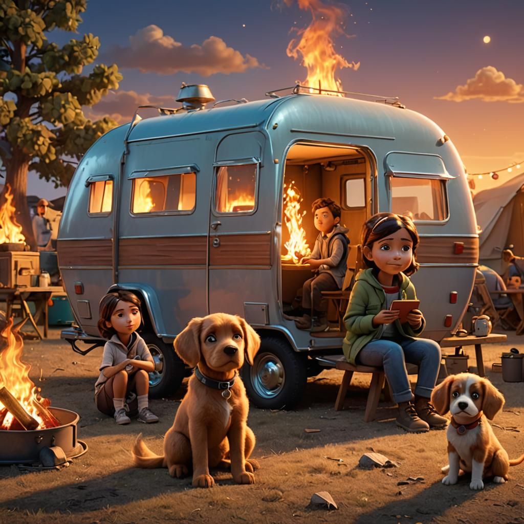 Kids and Puppy Camping: 3D Digital Art