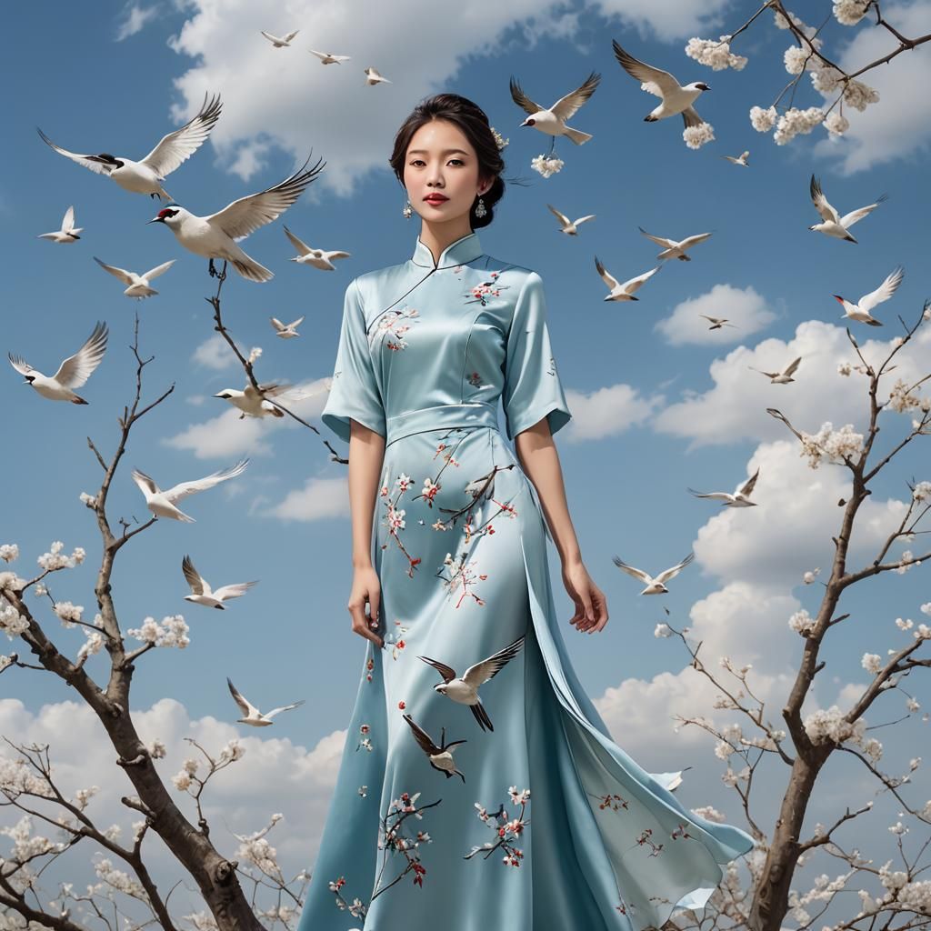 Chinese Woman in Silk Dress with Snowbirds
