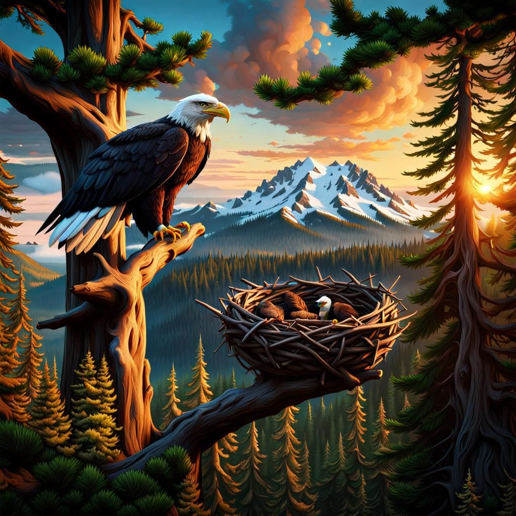 Bald Eagle Nest with Mount Rainier: Fantasy Concept Art