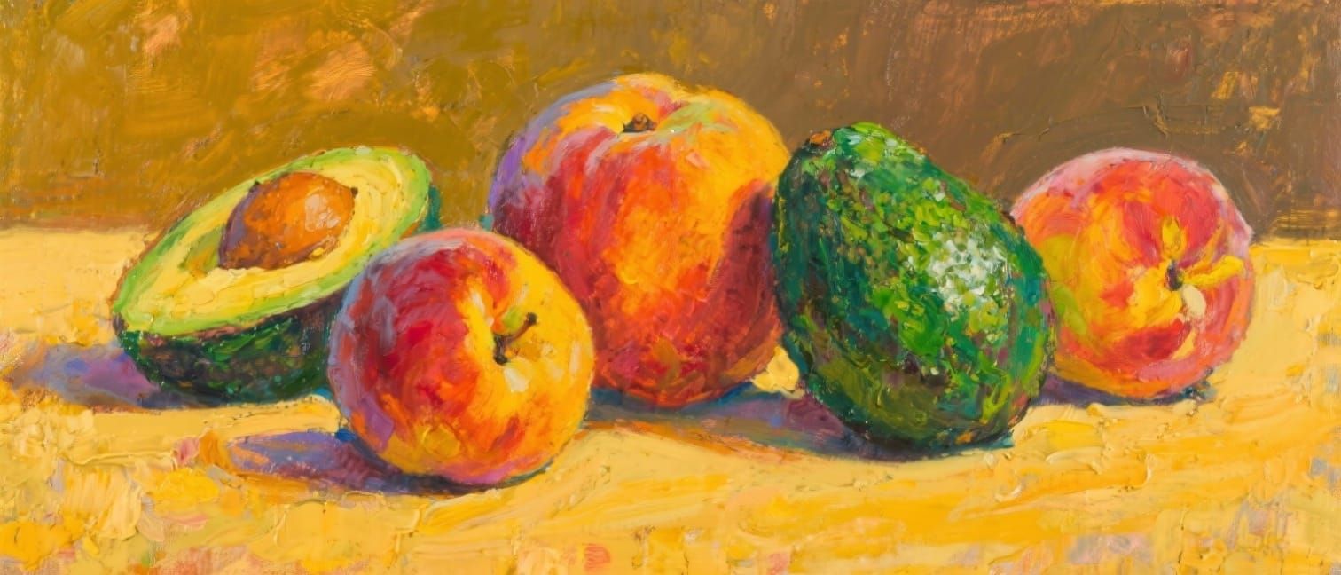Vibrant Still Life of Avocados and Nectarines in Golden Ligh...