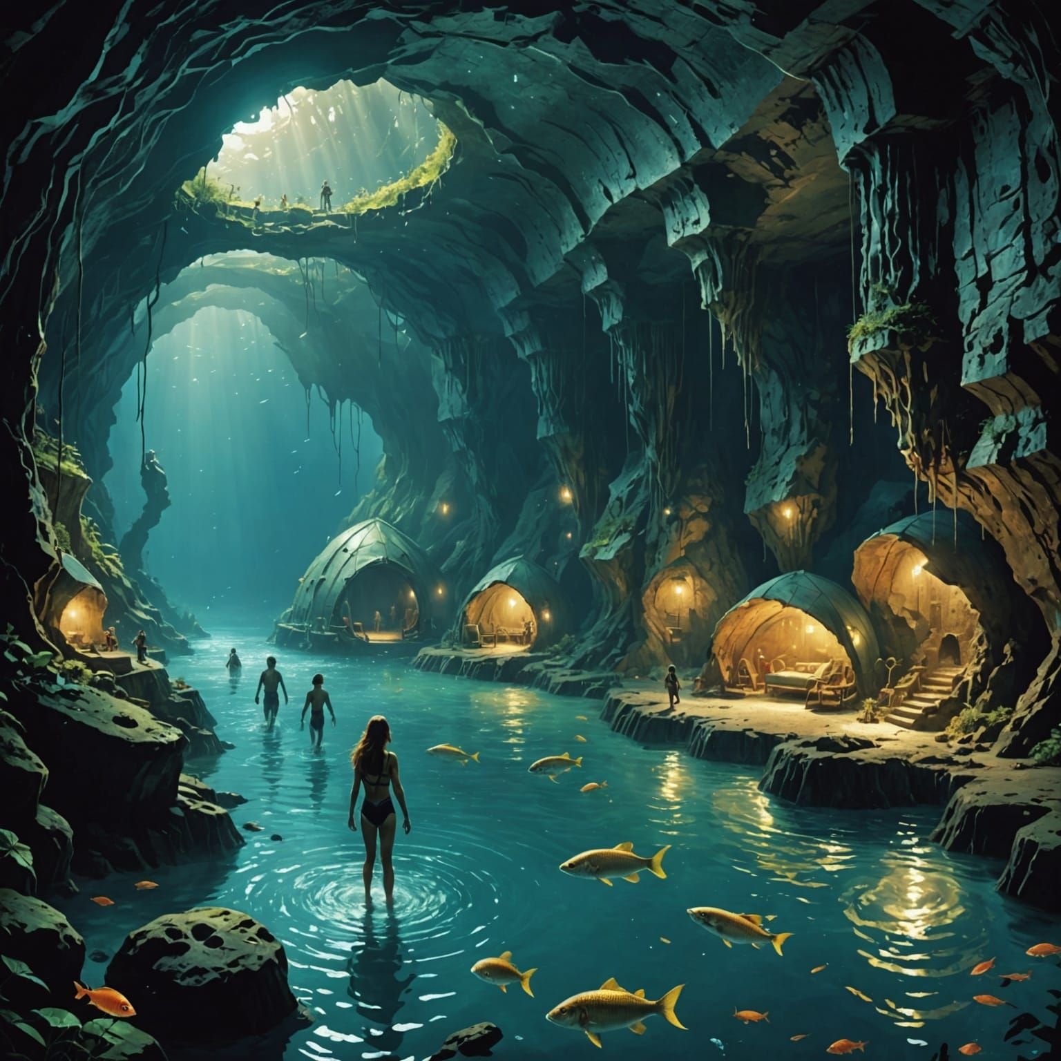 Underwater Human Evolution: A Watercolor Cityscape