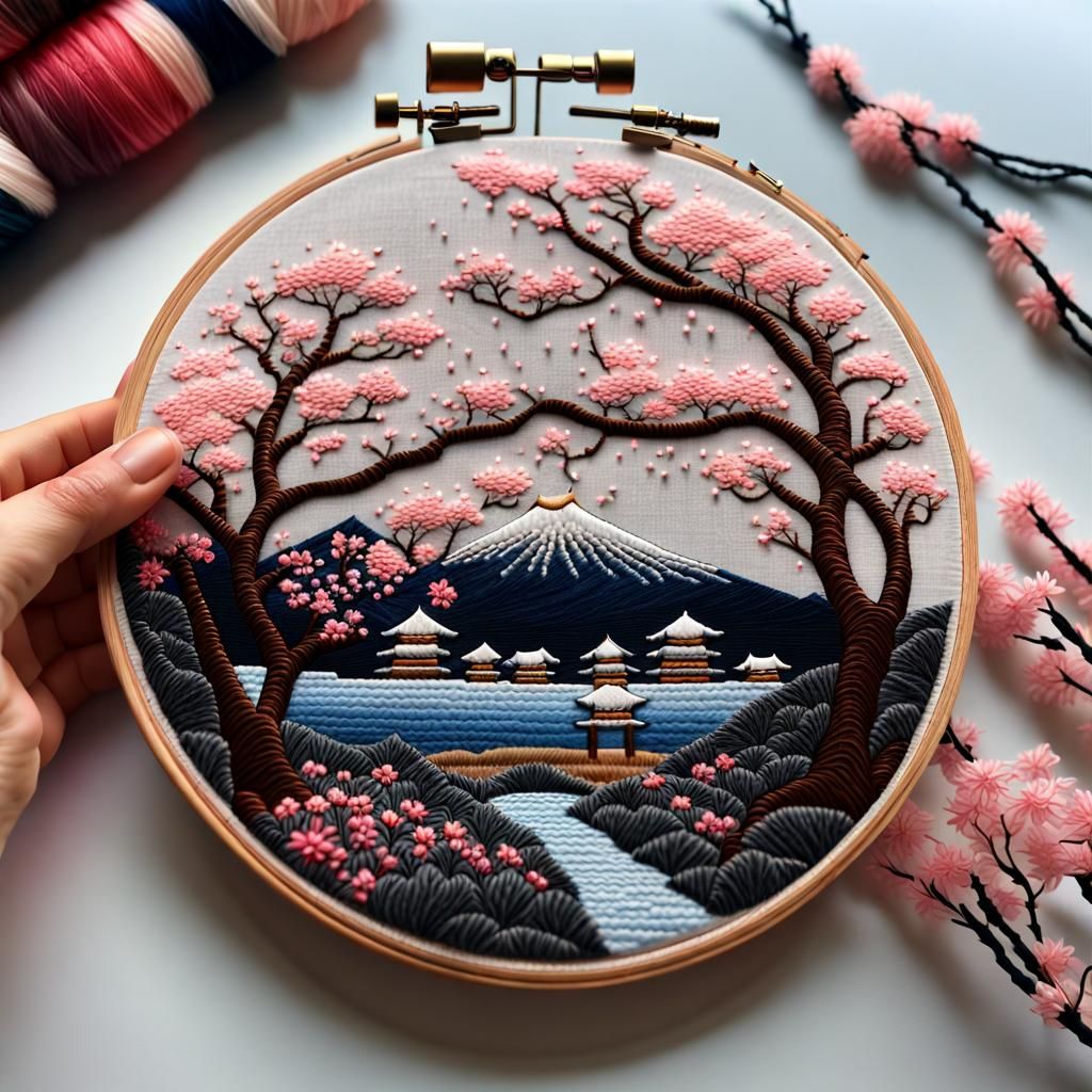 Embroidered Cherry Blossom Landscape at Night