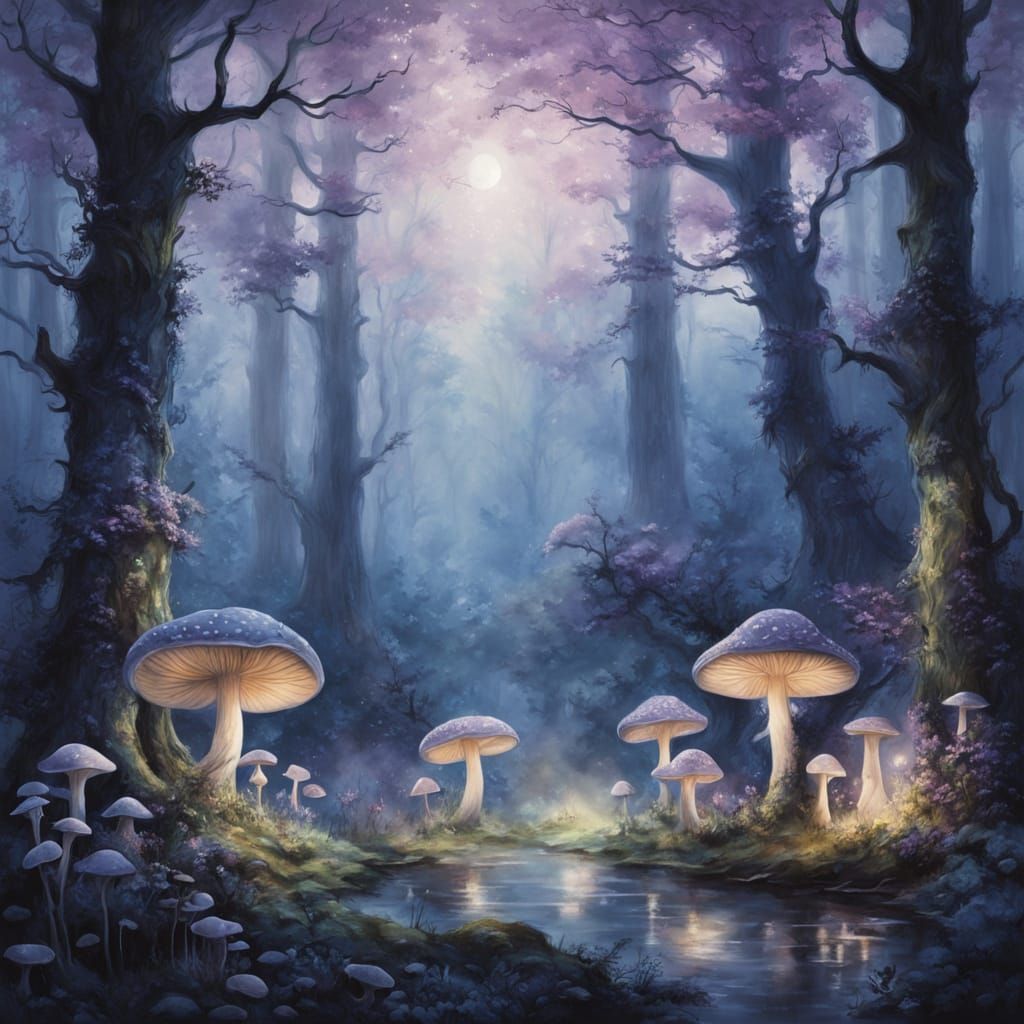 Fairy Conclave in Misty Forest at Twilight, Watercolor Style