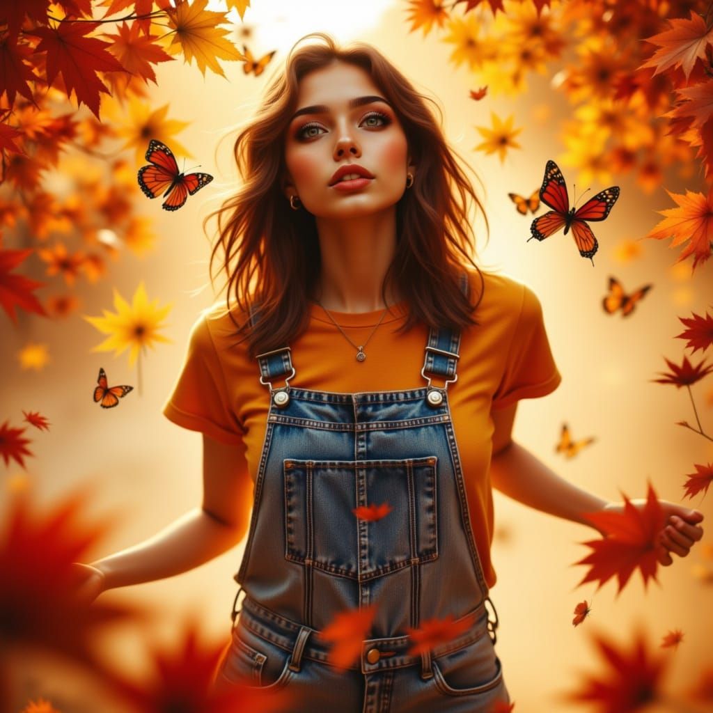 Joyful Woman Dancing with Butterflies in Autumn Leaves