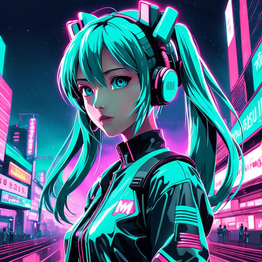 Hatsune Miku in Synthwave Neon Retro Style