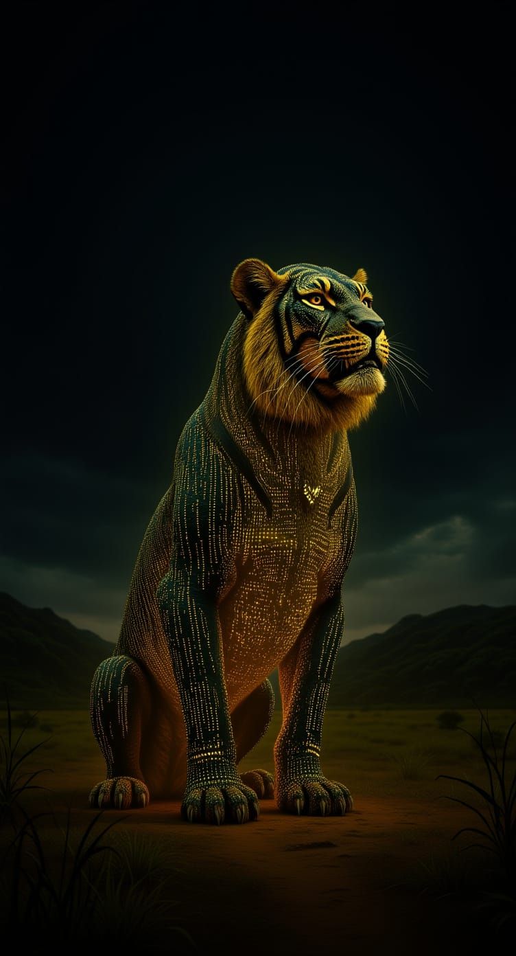 Digital Lion Made of Binary Code in Fantasy Concept Art