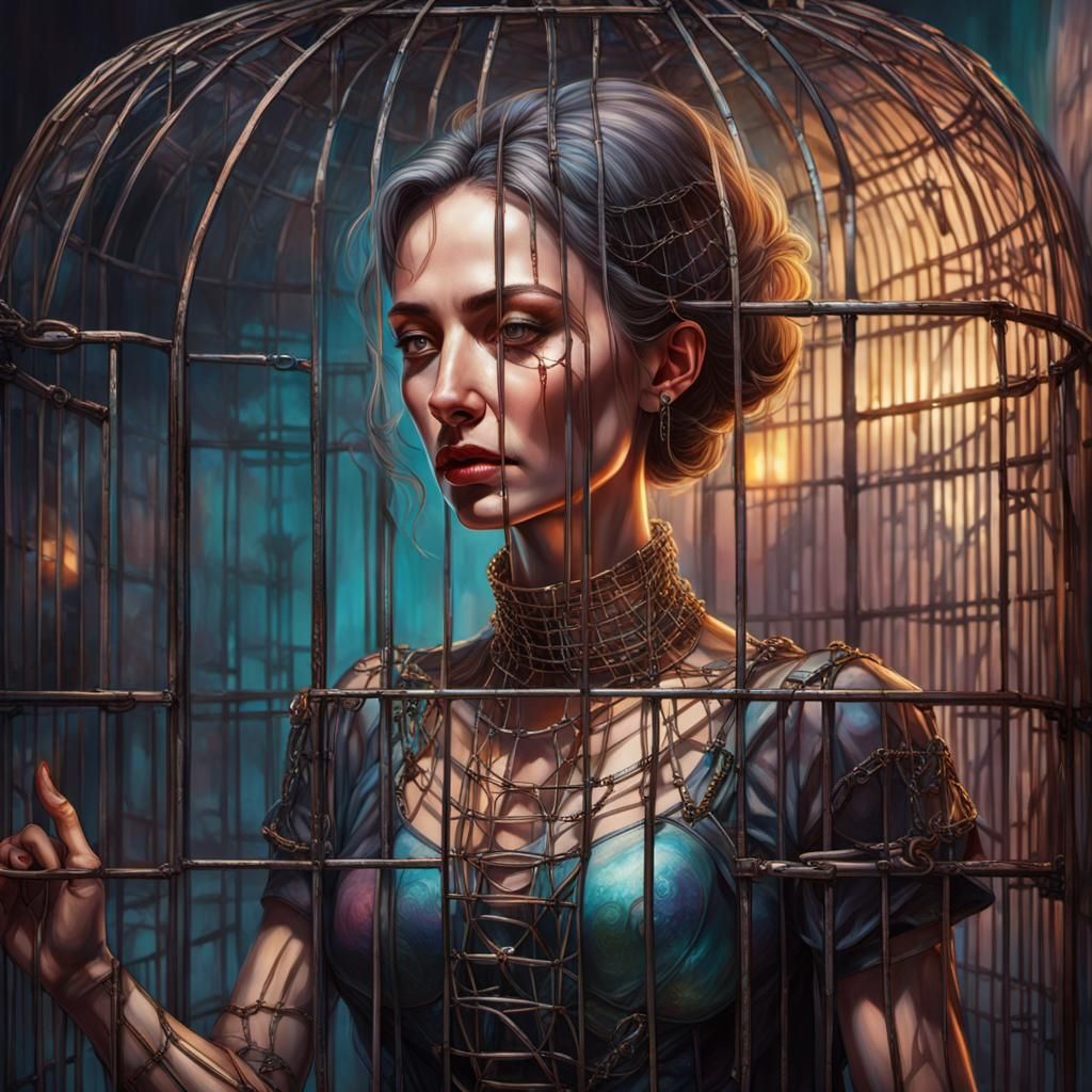 Hyperrealistic Woman Trapped in a Futuristic Cage