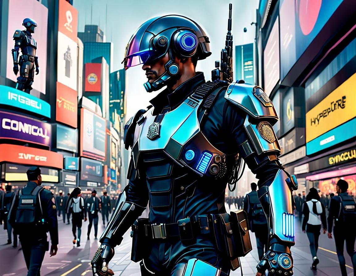 Cyberpunk Police Constable Patrolling Futuristic Cityscape