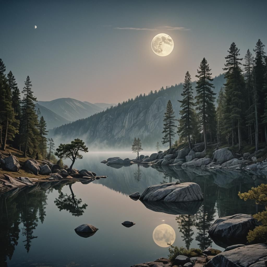 Moonlit Lake Reflection with Owl, Prokudin-Gorsky Style