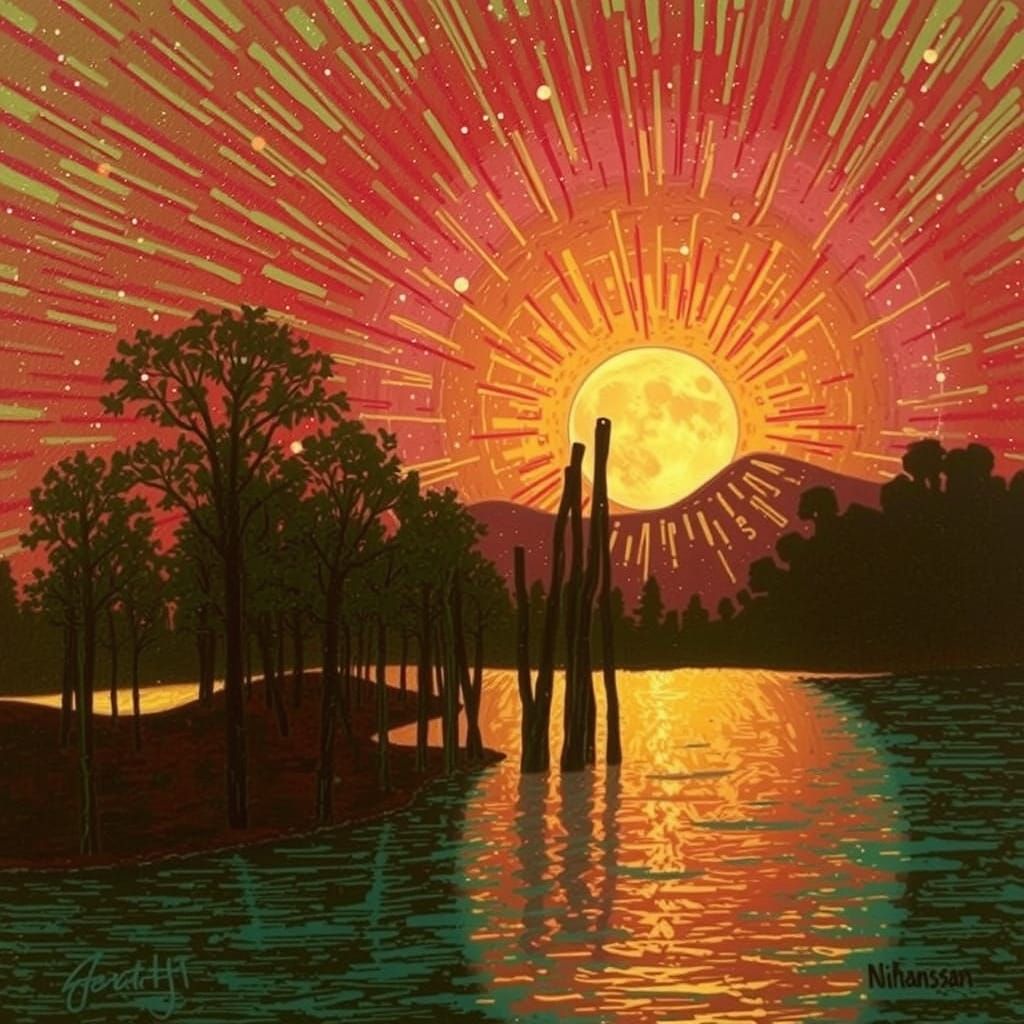 Moonlit Forest in Impressionist Style with Delicate Trees an...