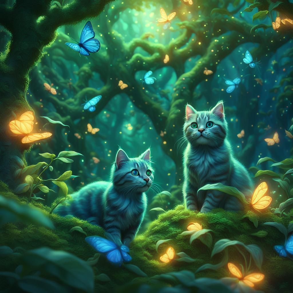 Cats Playing in Lush Fantasy Landscape