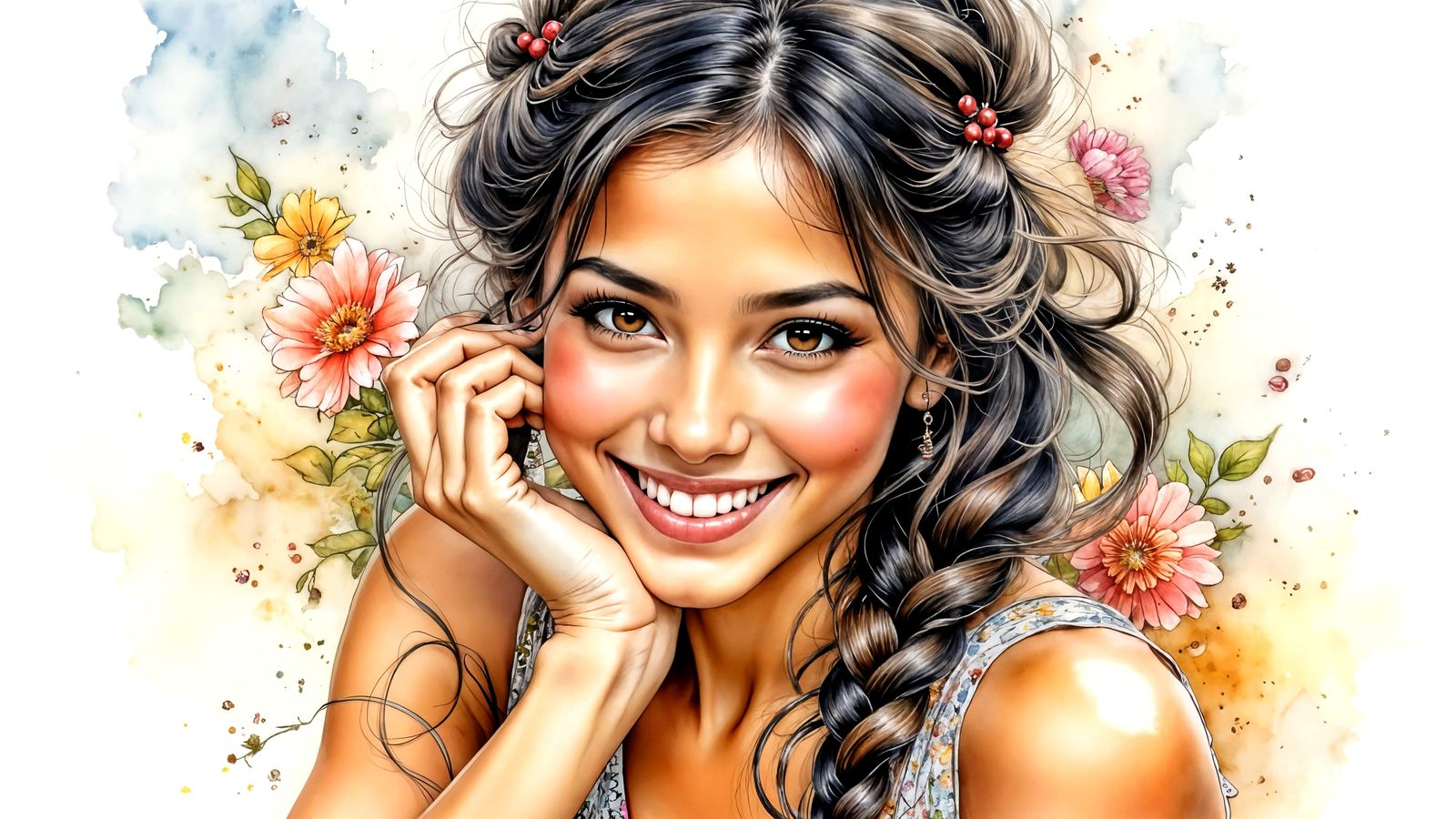 Excited Young Woman with Braided Hair in Painterly Style