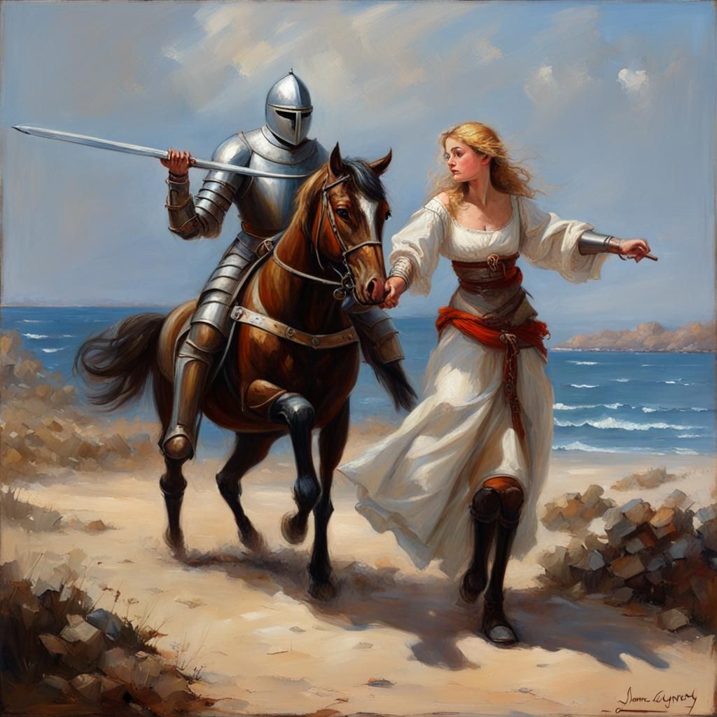 Knight Defending Lady in Oil Painting Style