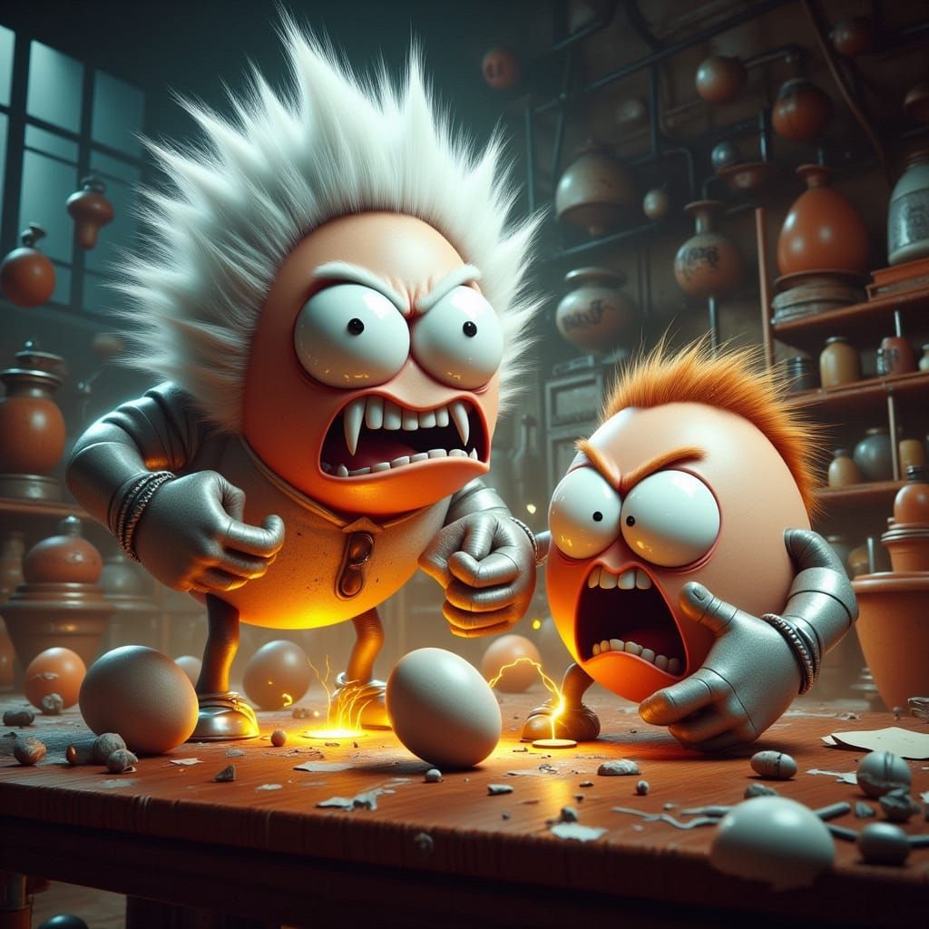 White-haired Angry Egg Rick runs one of his scientific experiments with the help of brown-haired Angry Egg Morty, his gr...