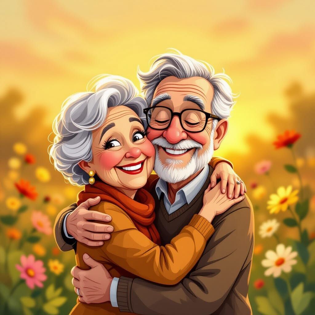 Charming Elderly Couple Embrace in Cartoon Caricature Style