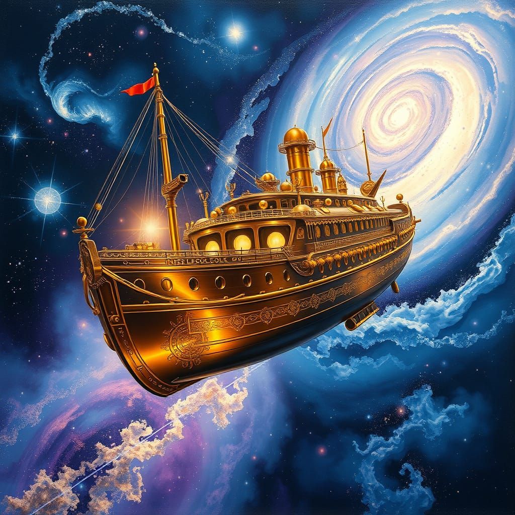 Majestic Steampunk Ark Glides Through Cosmos in Vibrant Acry...