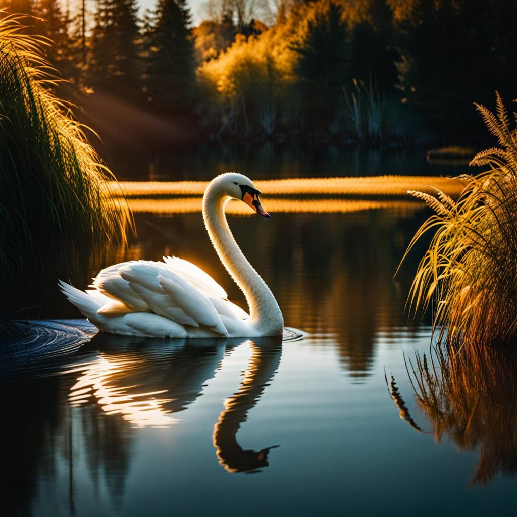 Swan and Cygnets in Sunlight: Detailed Digital Painting