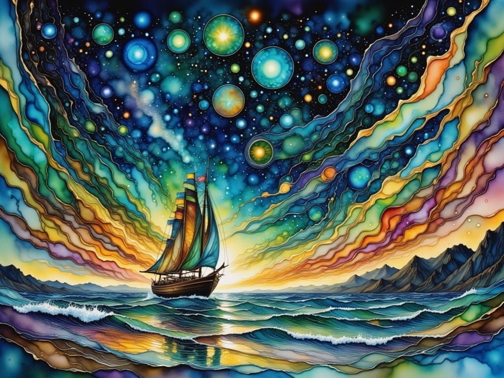 Sailboat sailing in stormy seas, starry sky