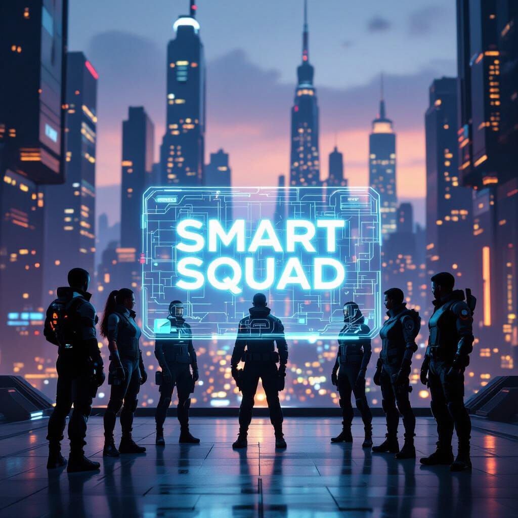 Futuristic Cityscape with "Smart Squad" Neon Hologram