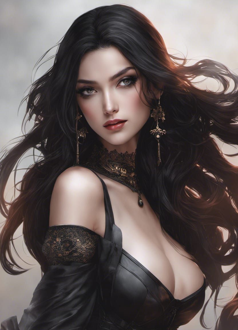 Gothic Woman Portrait with Long Hair and Tattoos