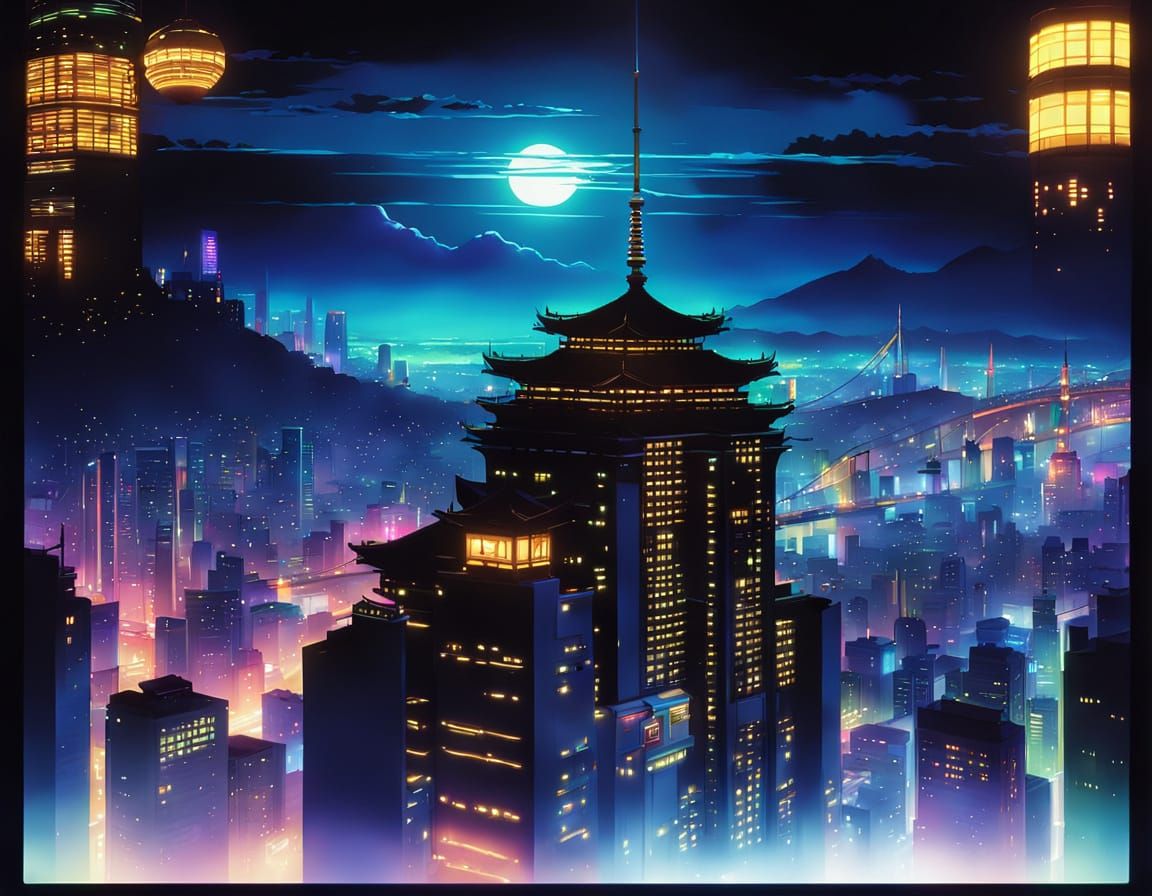 Vibrant Cityscape at Night in Anime Airbrush Style