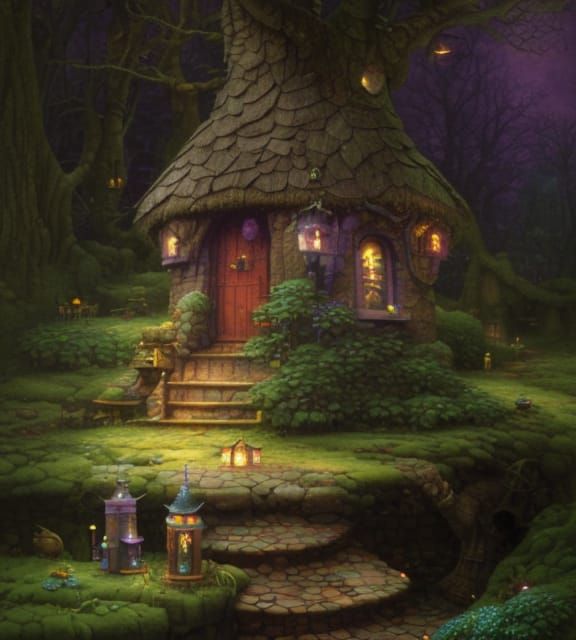Mystical Wizard's Hut Under the Full Moon