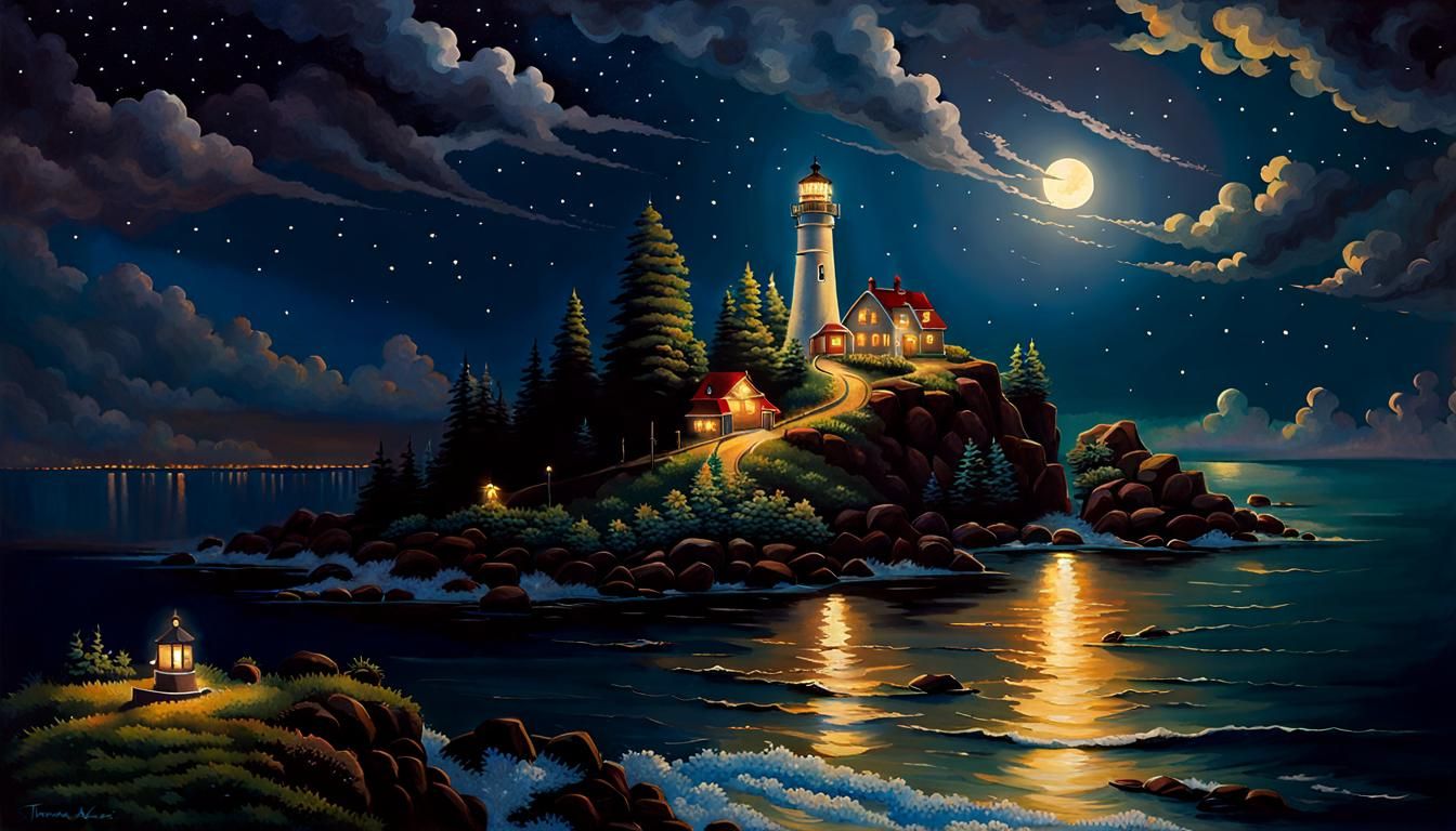 Lighthouse at Night in Luminist Style