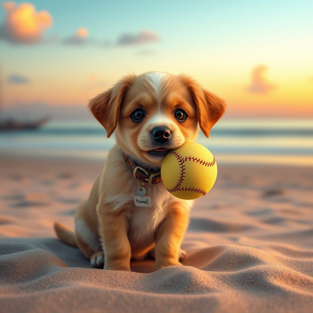 Puppy's Beachside Softball Game: Whimsical Art Illustration