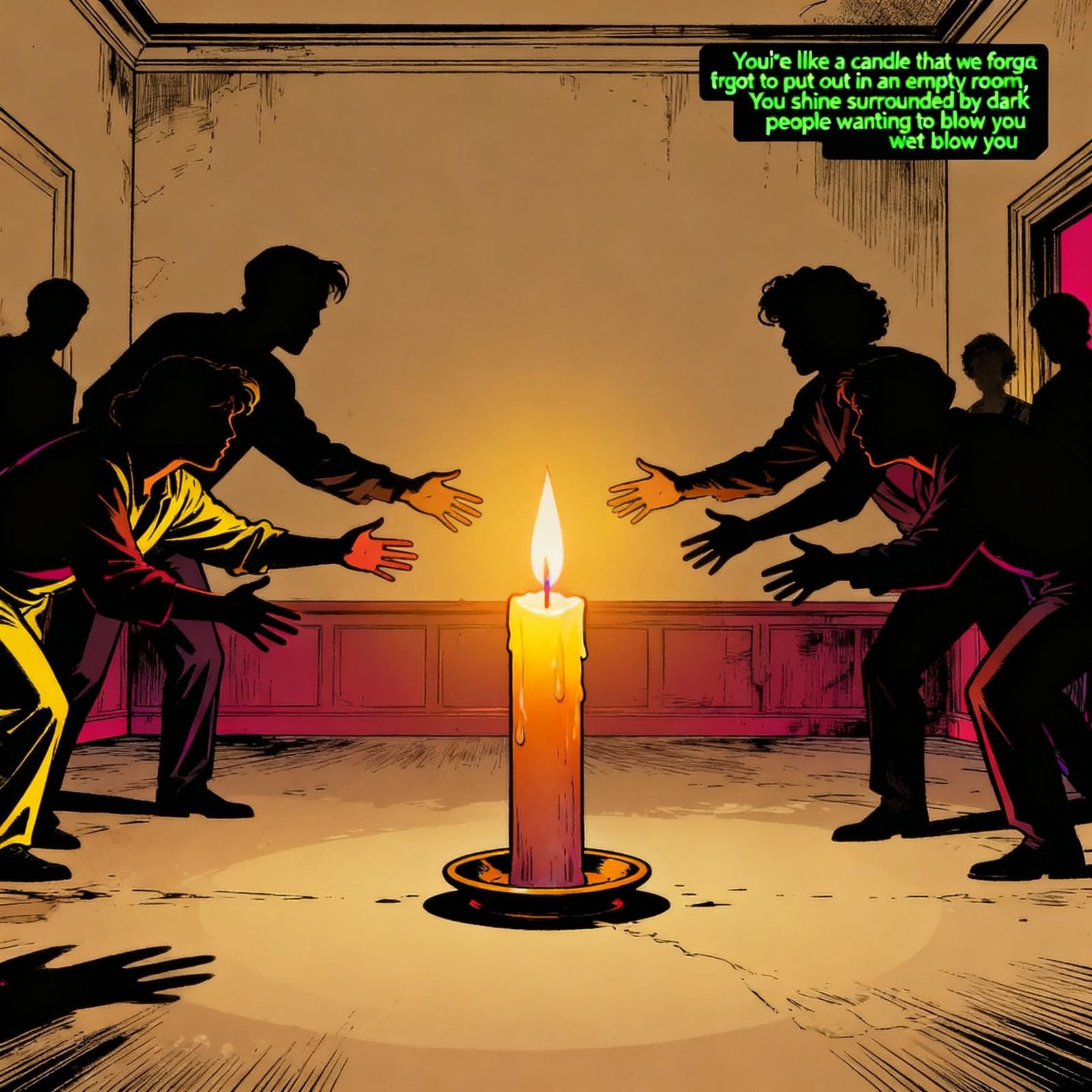 Fading Candle Silhouette in Dark Room, Cyberpunk Neon Accent...