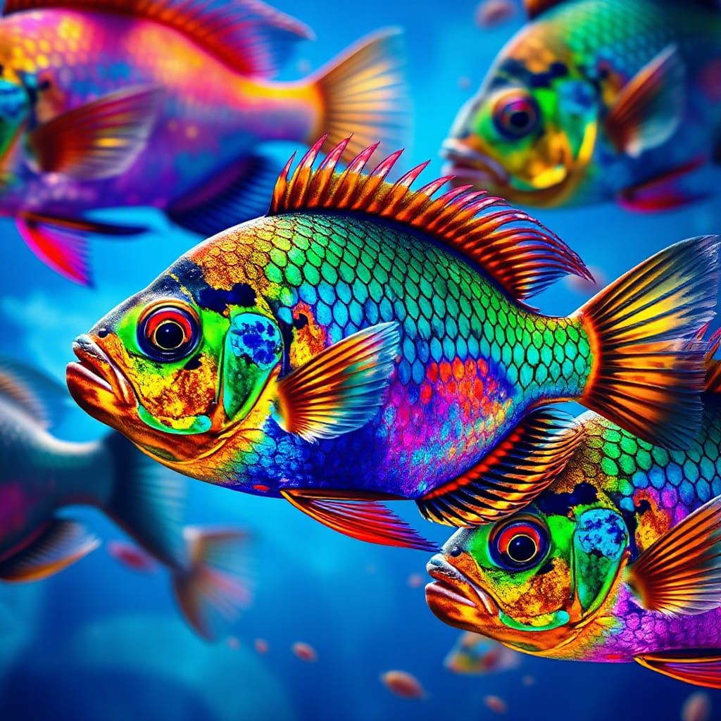 Surreal Tropical Paradise with Iridescent Fish in Vibrant Co...