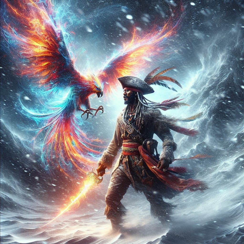 African Pirate Defies Snowstorm with Magical Sword and Phoen...