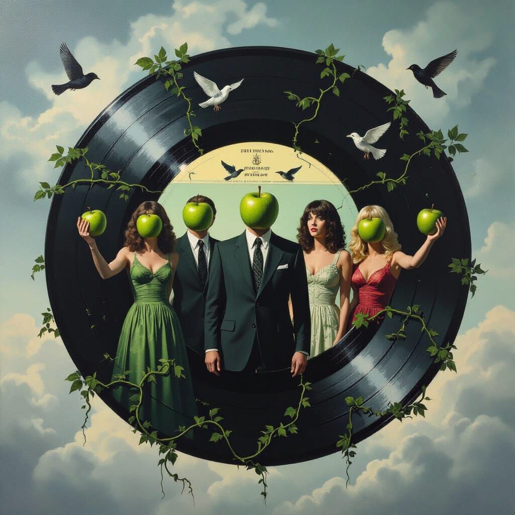 Surreal Oil Painting of 70s Figures Trapped in Vinyl