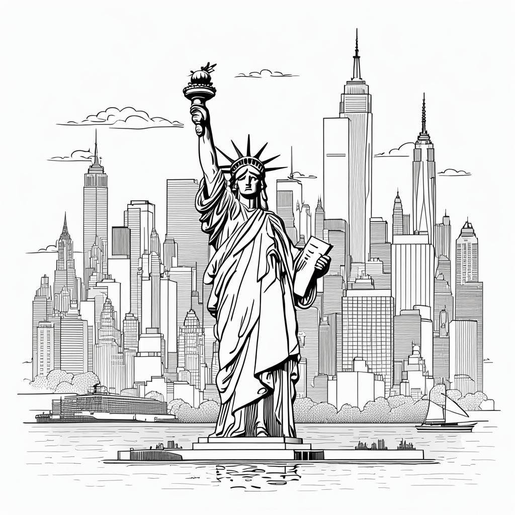 Liberty's Iconic Line Art Against NYC Skies